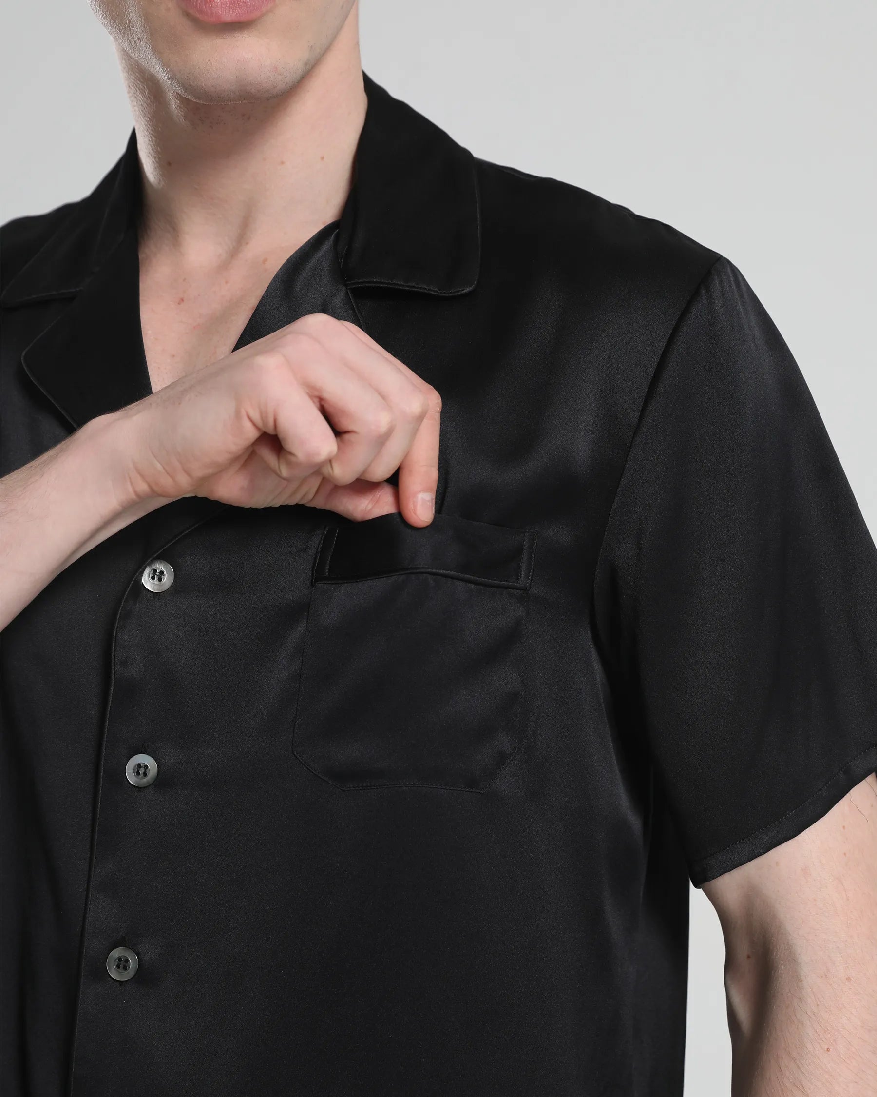 Short Sleeve Silk Pajamas For Men, Black