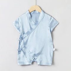 Short Sleeve Wrap Baby Silk Onesies, Blue