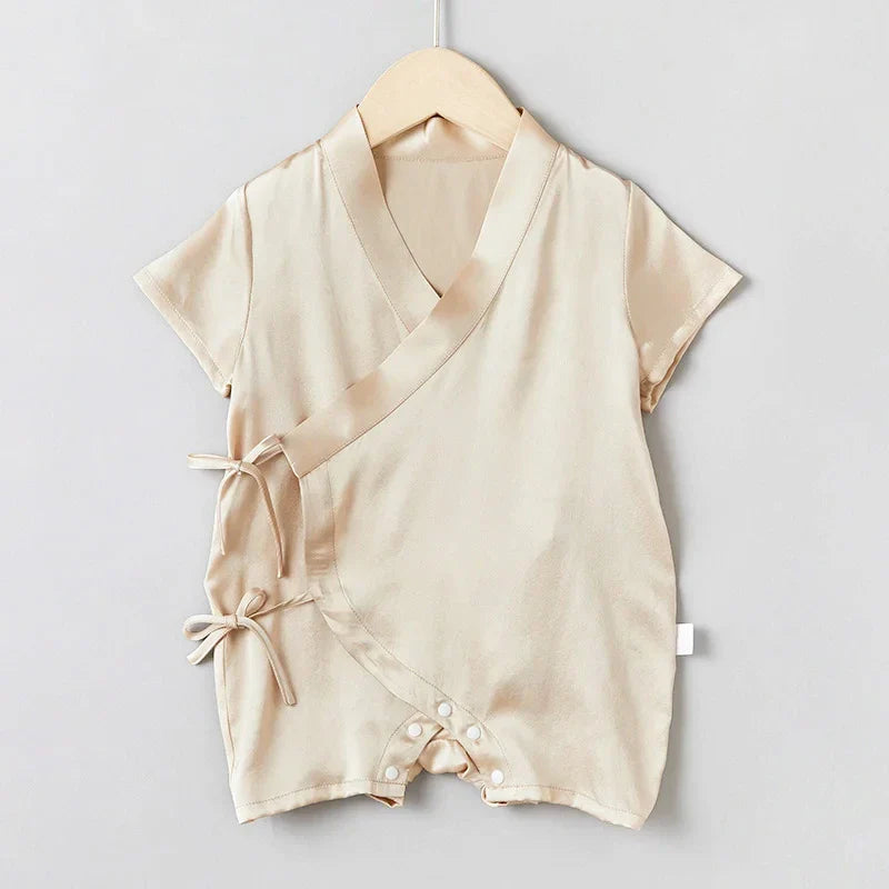 Short Sleeve Wrap Baby Silk Onesies, Champagne