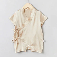 Short Sleeve Wrap Baby Silk Onesies, Champagne