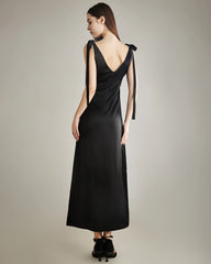 Shoulder Ties Silk Slip Dress, Black