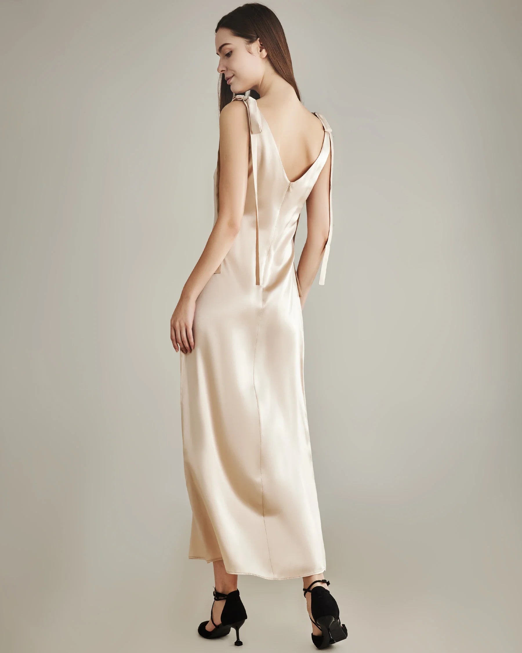 Shoulder Ties Silk Slip Dress, Champagne
