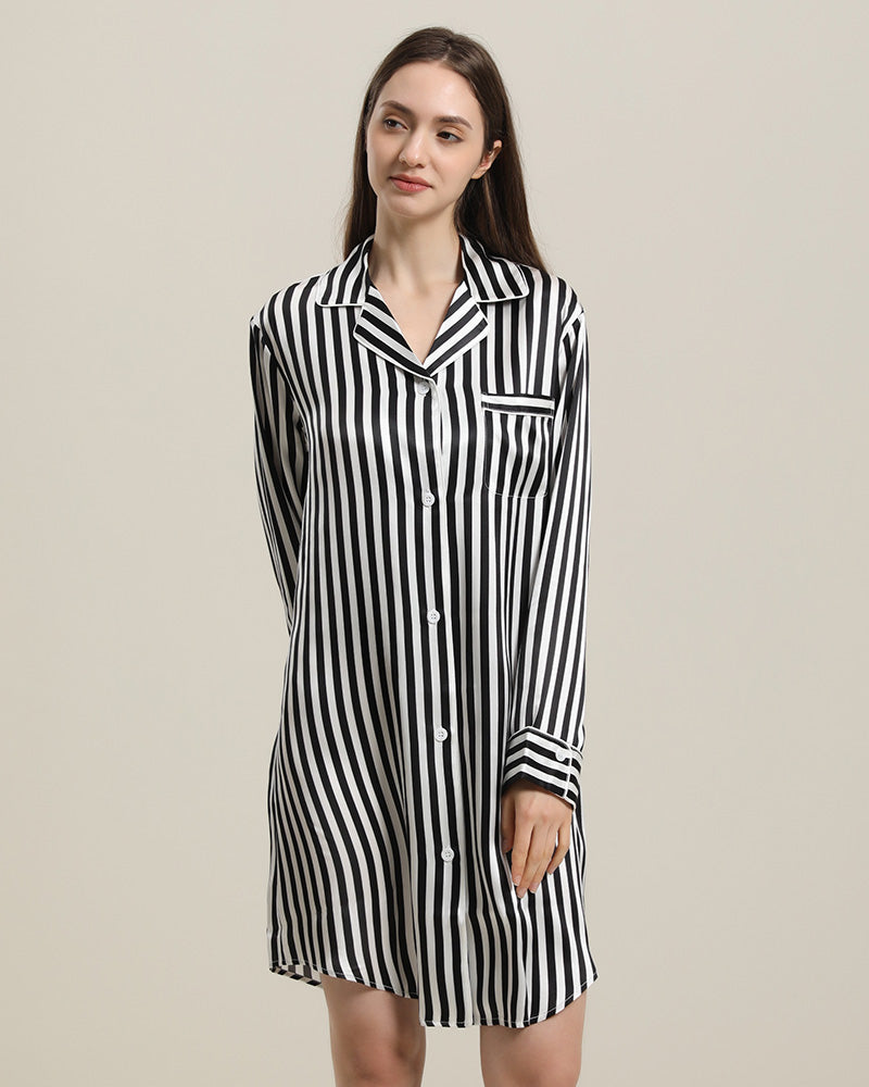 Stripe Silk Nightshirt Sleepwear, Black and White