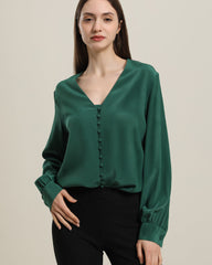 Deep V-Neck Long Sleeve Women Silk Blouse