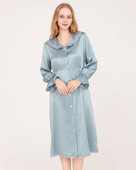 22 Momme Long-Sleeve Silk Dress with Lace Ruffled Cuffs