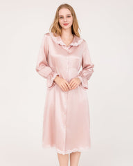 22 Momme Long-Sleeve Silk Dress with Lace Ruffled Cuffs