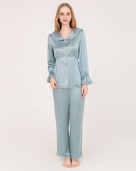 22Momme Silk Pajama Set with Lace Ruffled Cuffs