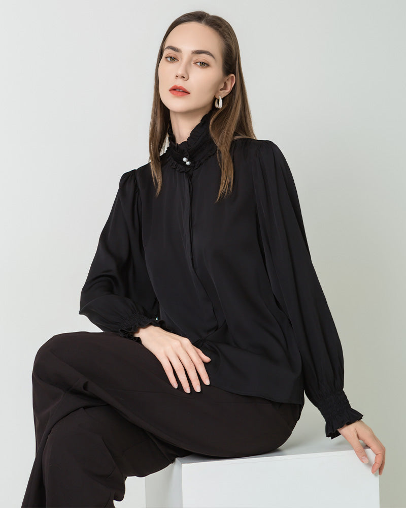 Ruffled Collar Silk Blouse, Black