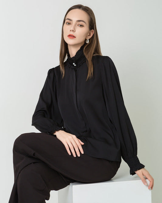 Ruffled Collar Silk Blouse, Black