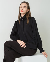Ruffled Collar Silk Blouse, Black