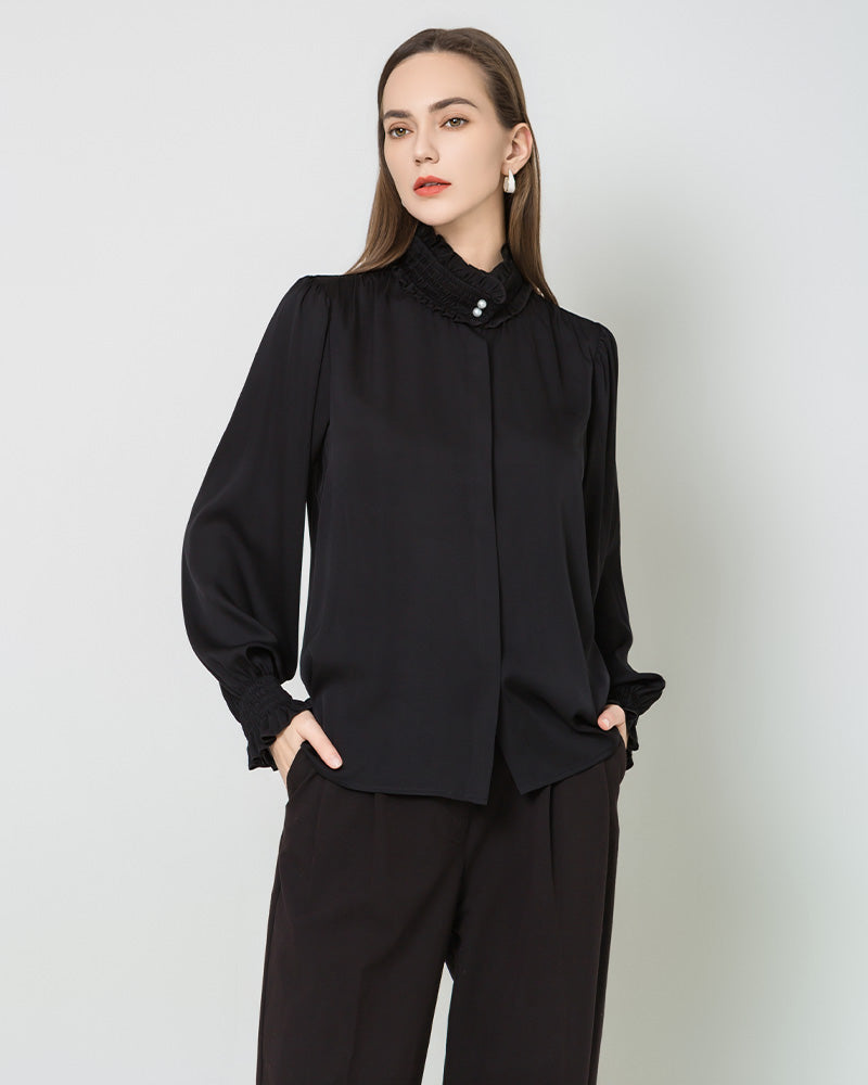 Ruffled Collar Silk Blouse, Black
