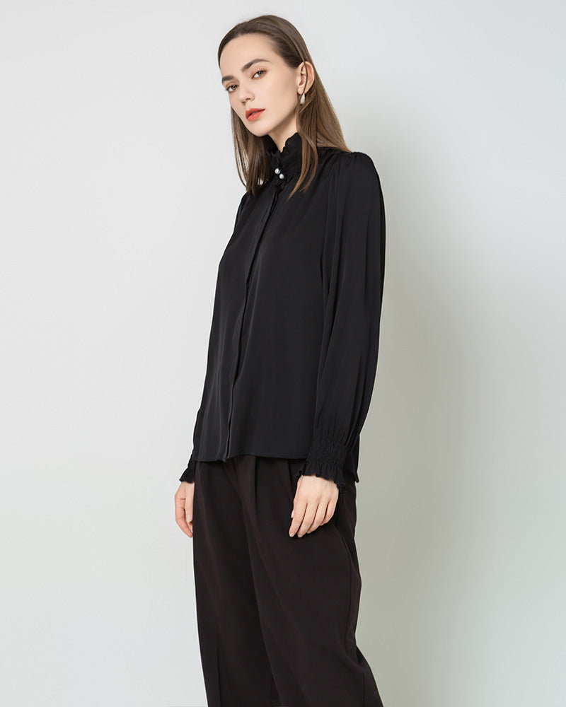 Ruffled Collar Silk Blouse, Black