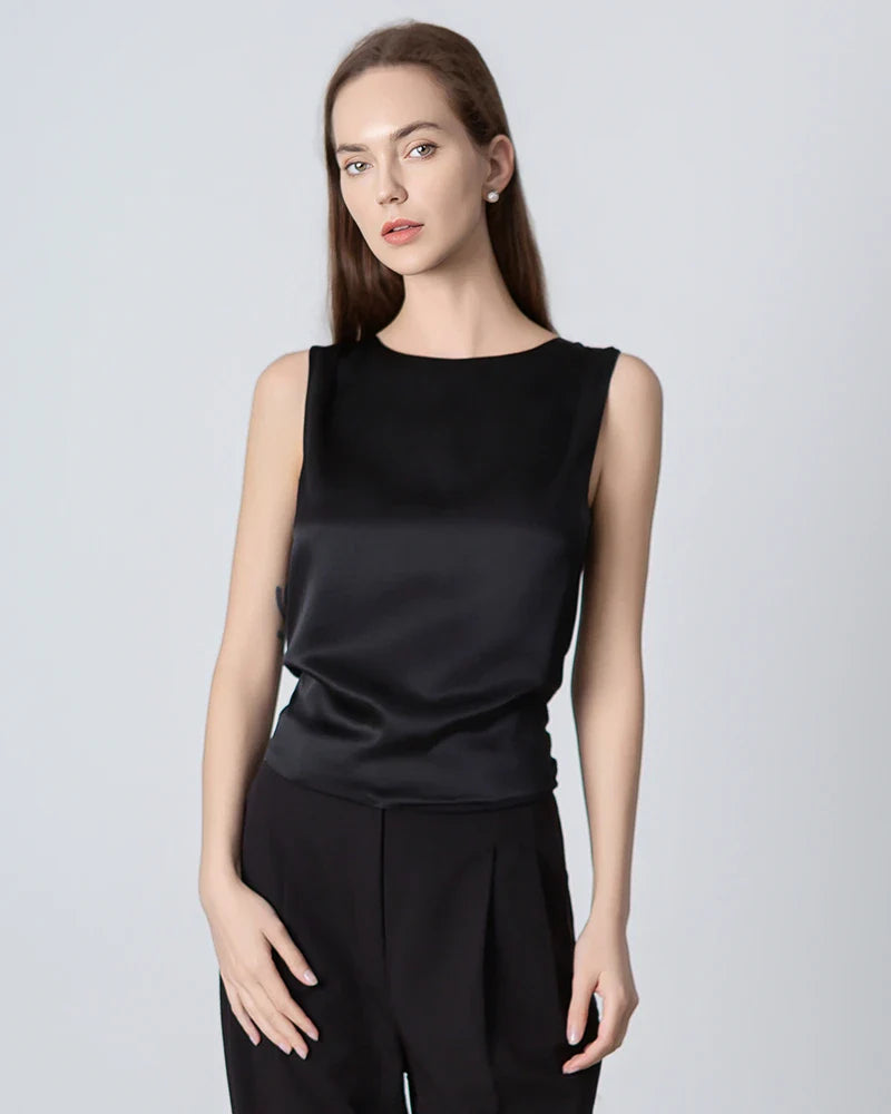 Silk Backless Tie Top, Black