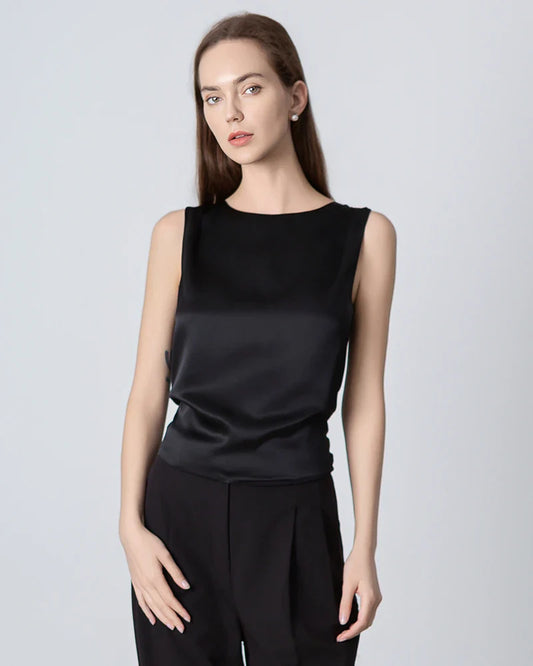 Silk Backless Tie Top, Black