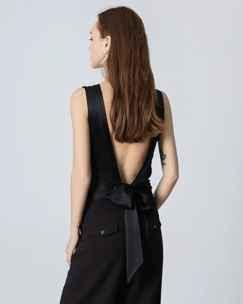 Silk Backless Tie Top, Black