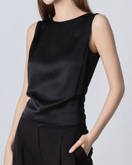 Silk Backless Tie Top, Black