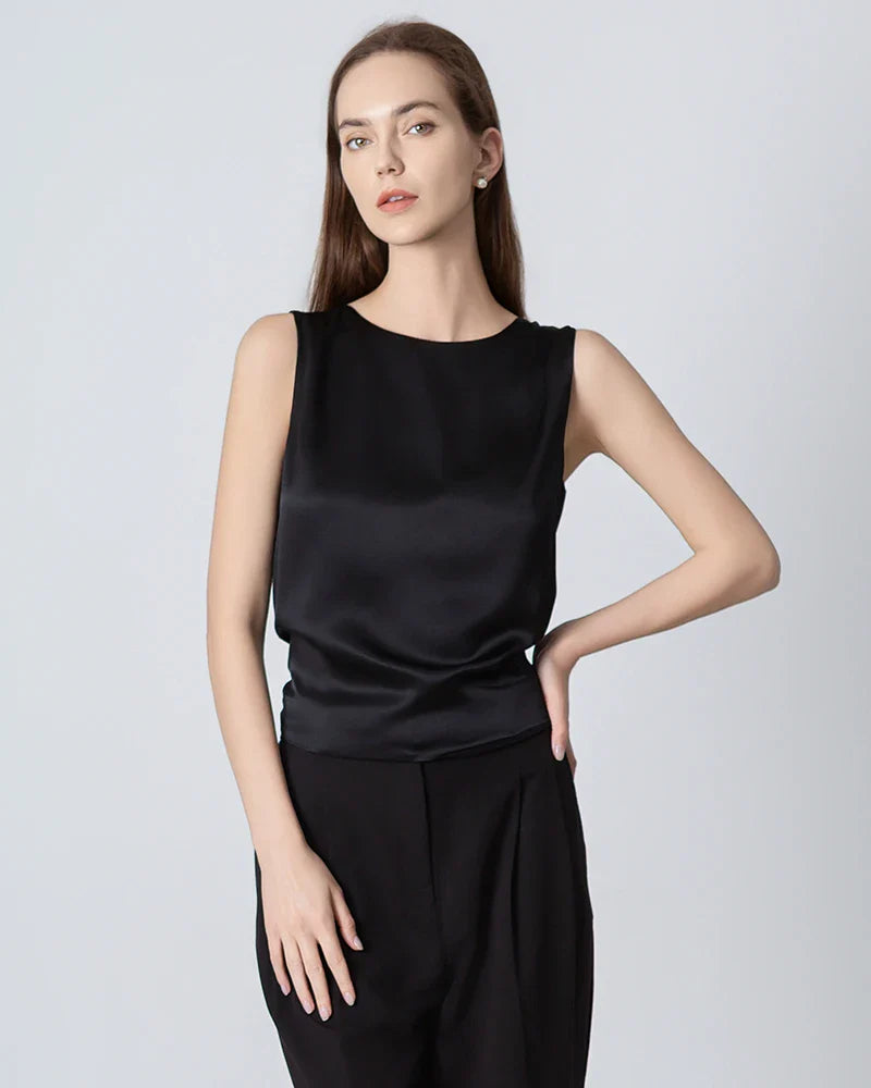 Silk Backless Tie Top, Black