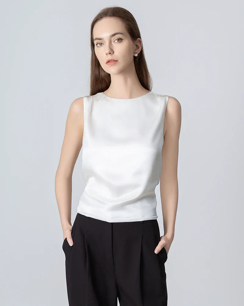 Silk Backless Tie Top, White