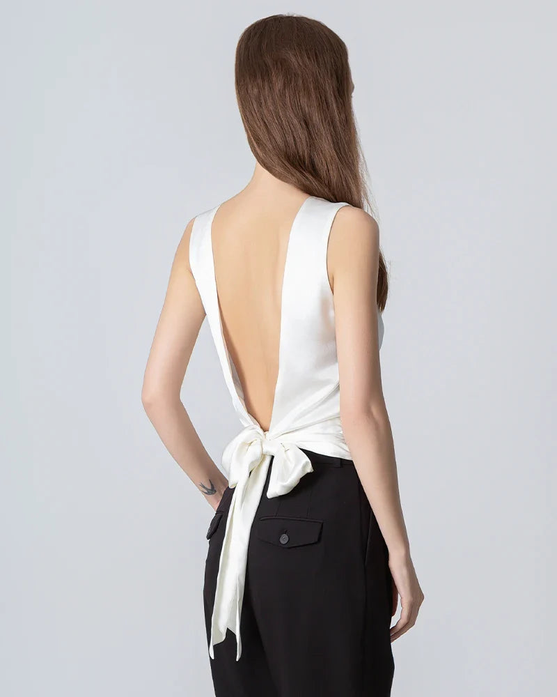 Silk Backless Tie Top, White