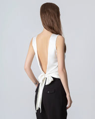 Silk Backless Tie Top, White