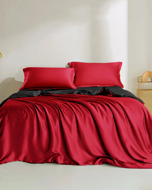 Double Color Silk Bedding Set 4PCS, Burgundy, Black