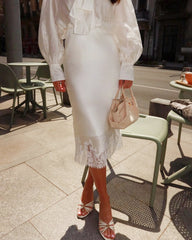 Silk Bias Cut Midi Skirt with Lace Trim