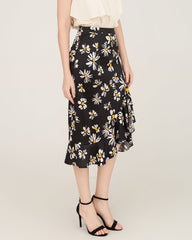 Daisy Print Asymmetrical Hem 100% Silk Midi Skirt