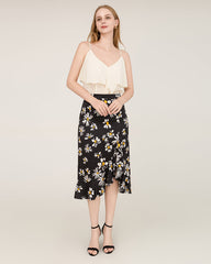 Daisy Print Asymmetrical Hem 100% Silk Midi Skirt
