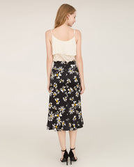 Daisy Print Asymmetrical Hem 100% Silk Midi Skirt