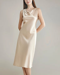 Silk Dresses with Asymmetrical Cowl Neck Champagne