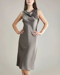 Silk Dresses with Asymmetrical Cowl Neck Dark Grey