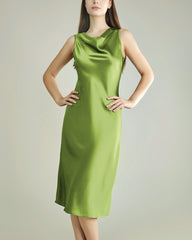 Silk Dresses with Asymmetrical Cowl Neck, Mustard Green