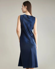 Silk Dresses with Asymmetrical Cowl Neck Navy