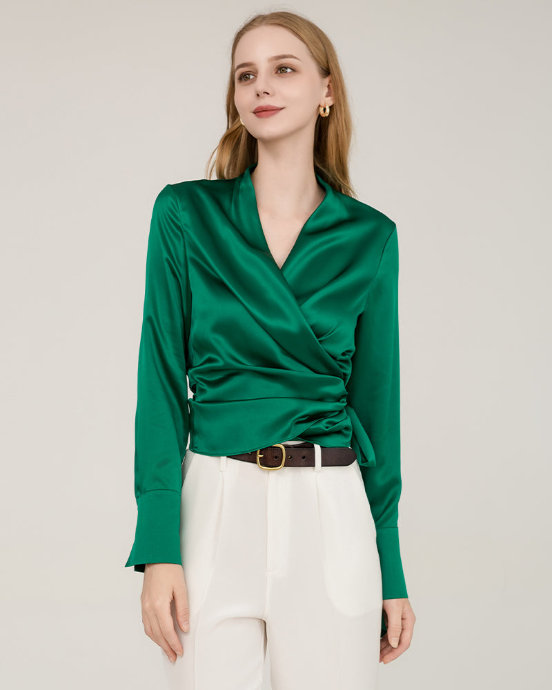 Elegant Fitted Wrap Silk Blouse For Women Green