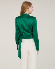 Elegant Fitted Wrap Silk Blouse For Women Green