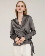 Elegant Fitted Wrap Silk Blouse For Women Grey