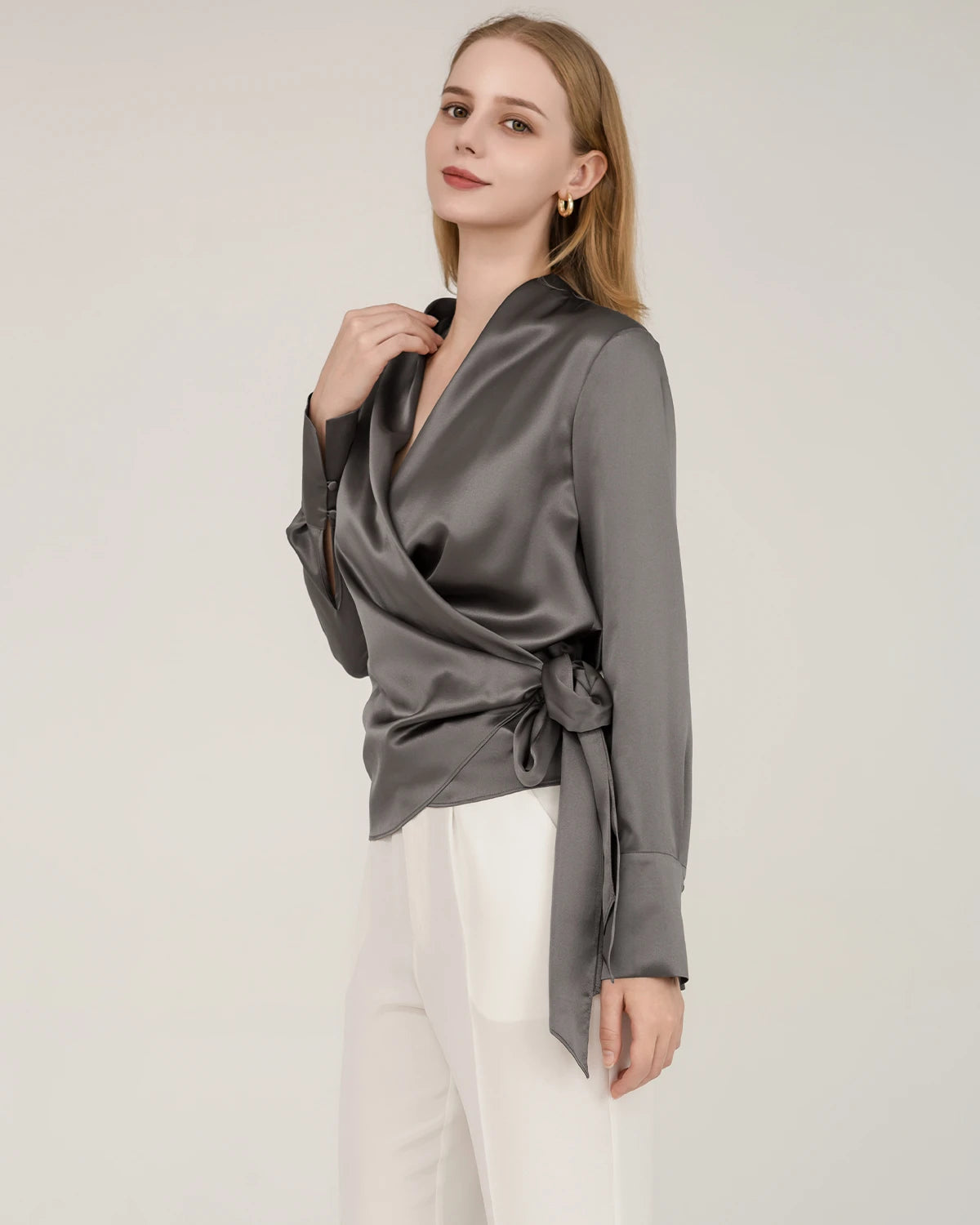 Elegant Fitted Wrap Silk Blouse For Women Grey