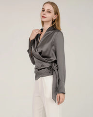 Elegant Fitted Wrap Silk Blouse For Women Grey