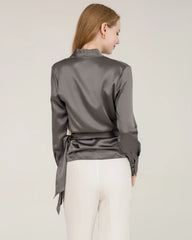 Elegant Fitted Wrap Silk Blouse For Women Grey