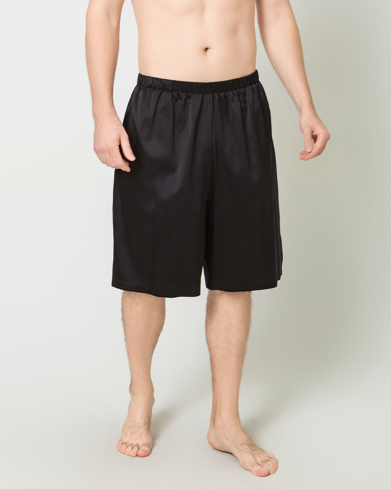 Silk Men Knee Elastic Waist Satin Underwear, Black