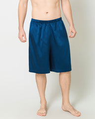 Silk Men Knee Elastic Waist Satin Underwear, Navy