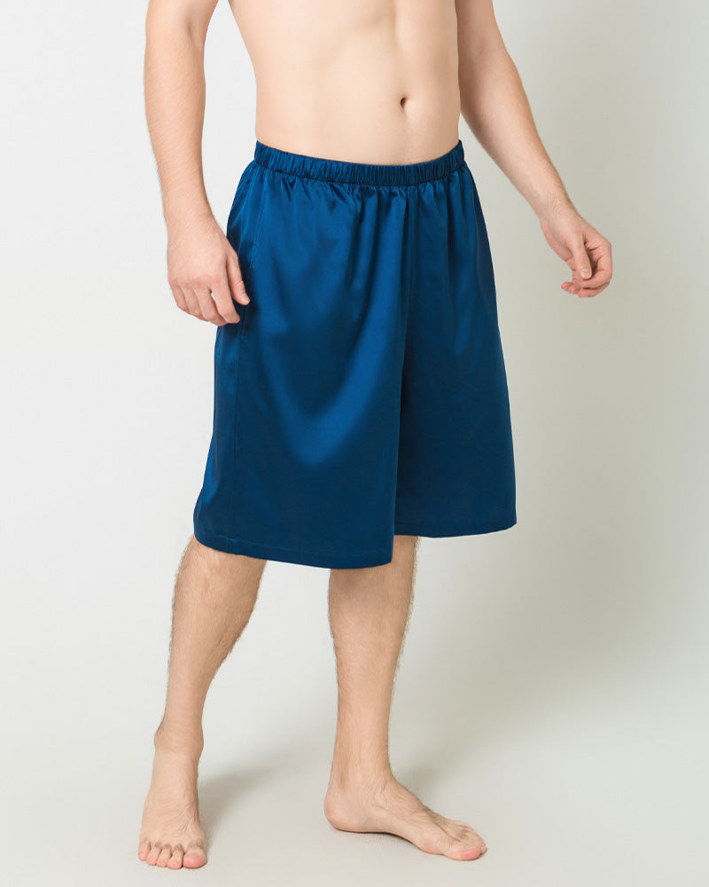 Silk Men Knee Elastic Waist Satin Underwear, Navy