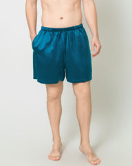 Men Satin Silk Lounge Shorts, Peacock Blue