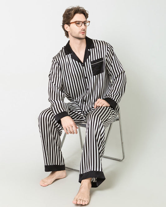 Silk Men's Striped Pajamas Set, Black And White