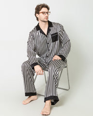 Silk Men's Striped Pajamas Set, Black And White