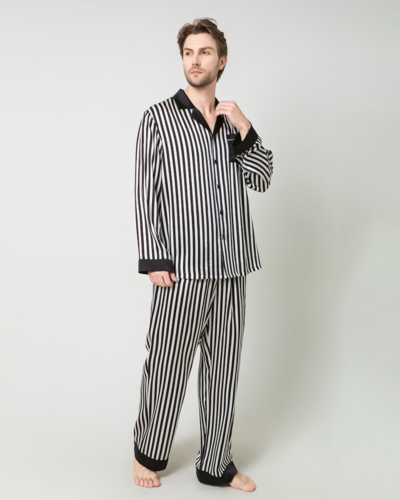 Silk Men's Striped Pajamas Set, Black And White
