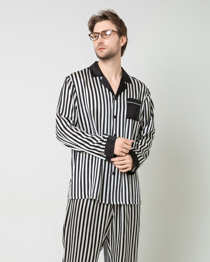 Silk Men's Striped Pajamas Set, Black And White