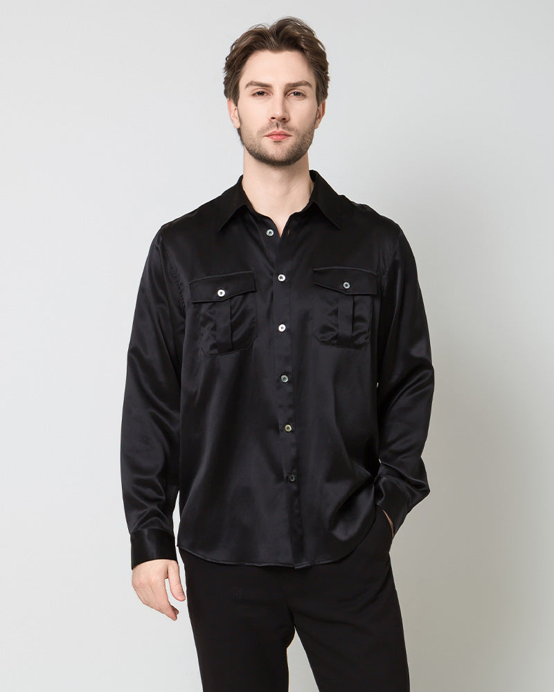 Silk Men's Button Up Overshirt, Black