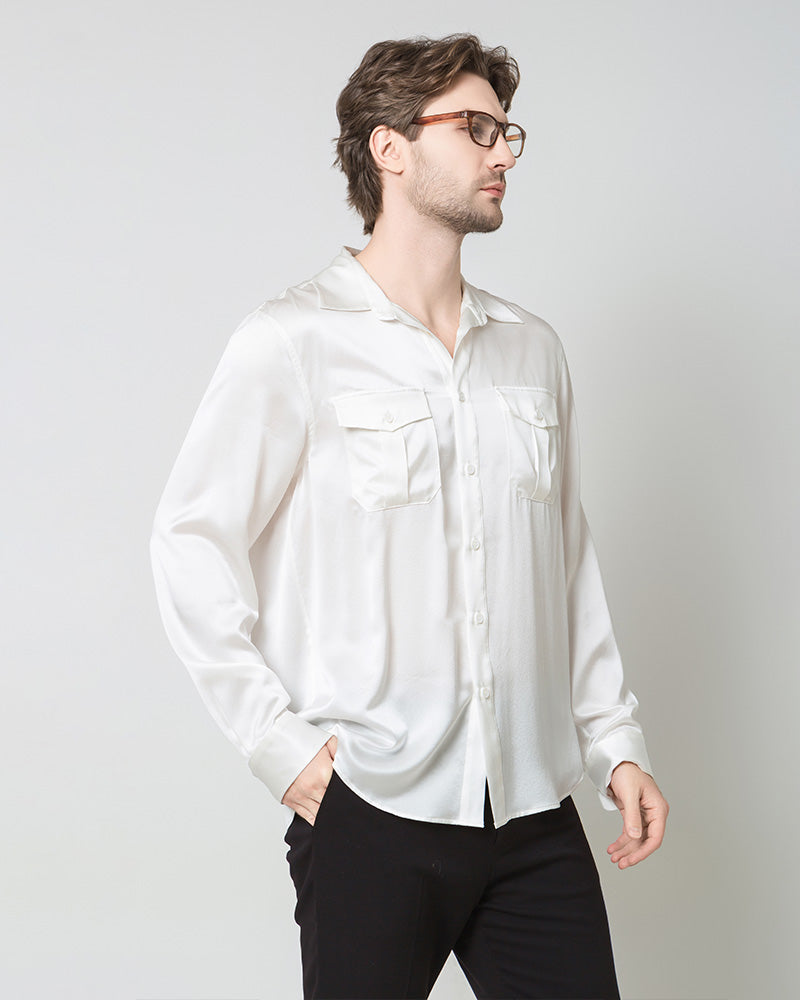 Silk Men's Button Up Overshirt, White
