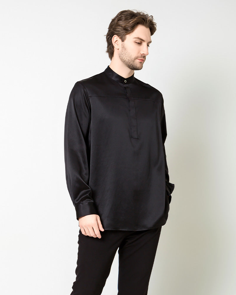 Silk Men's Casual Long Sleeve Shirt, Black